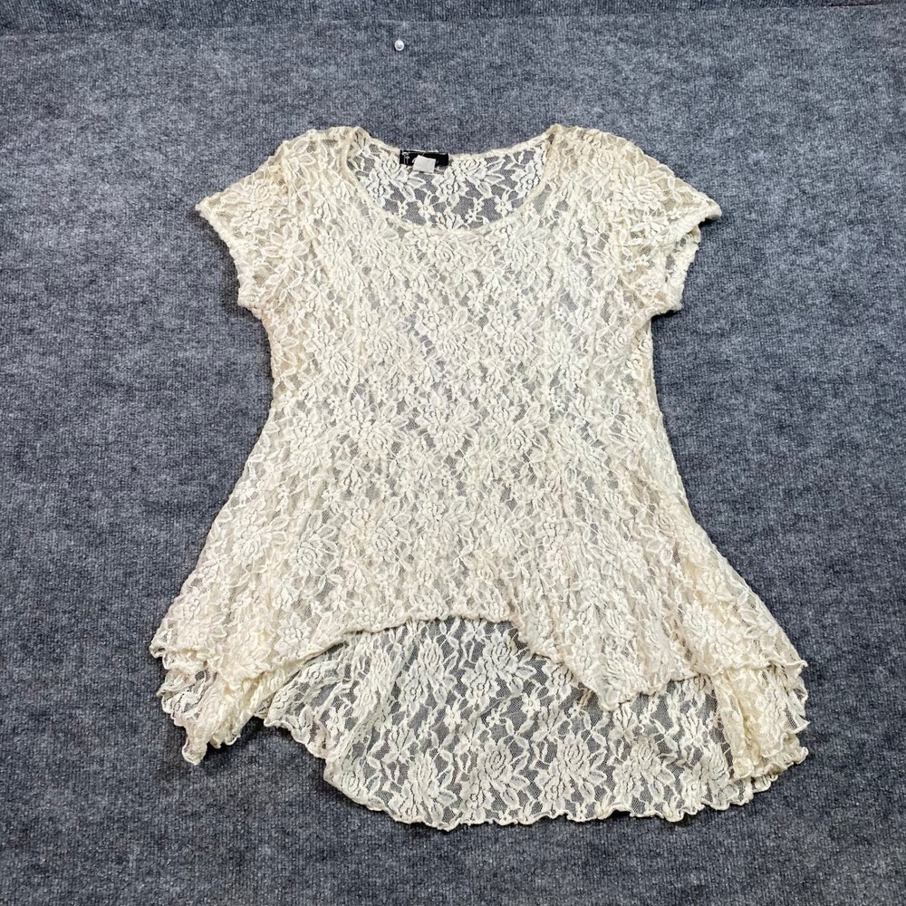 Rainbow Women Cream Floral Lace High Low Tunic Top Cap Sleeve Scoop Neck Boho